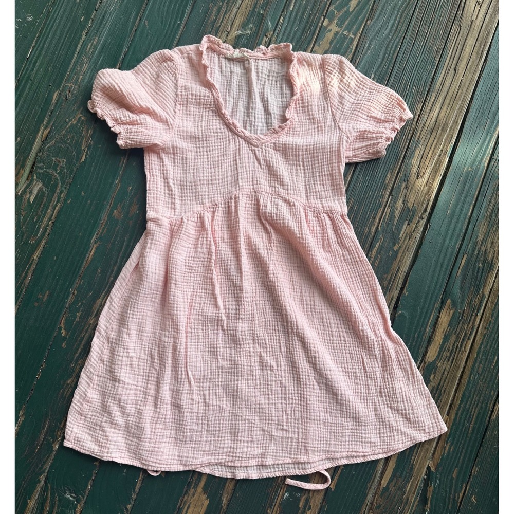 Barbiecore Copper Key Pink Crinkle Gauze Babydoll Dress V-Neck Puff Sleeve S